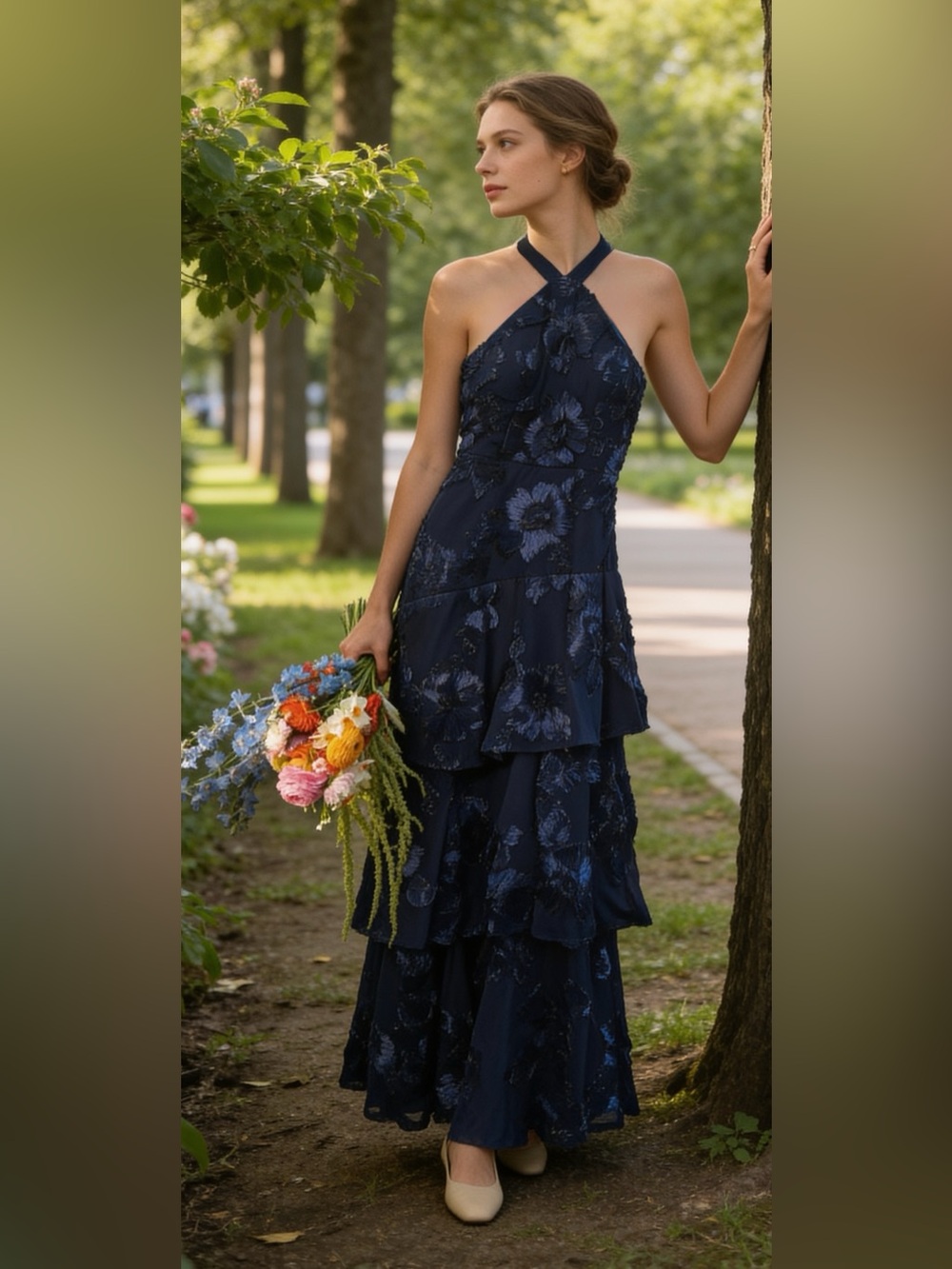 NWT Navy Halter Tiered Ruffle Floral Evening Dress
